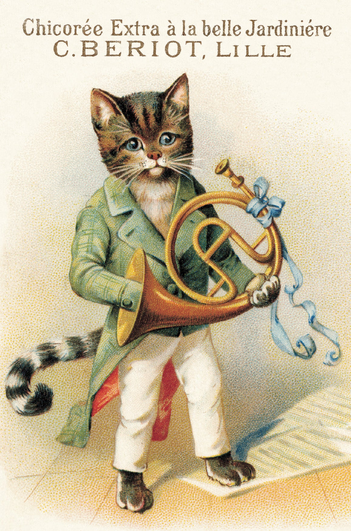 Included postcard example- Cat in a suit playing a horn with text 'Chicorèe Extra à la belle Jardinière C. Beriot, Lille' on a light background