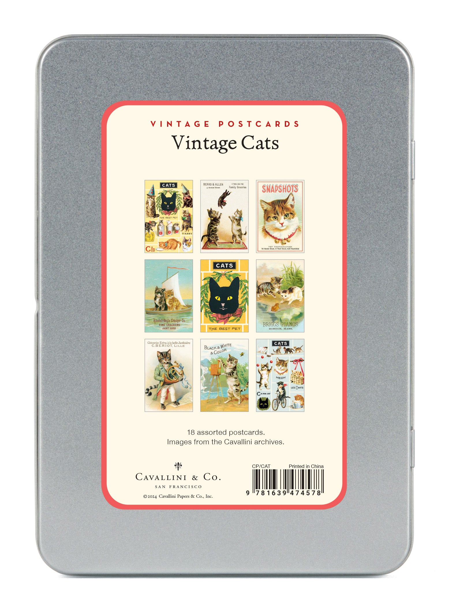 Back of Metal tin with vintage cats postcard collection on a white background