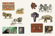 Example page- Collection of vintage-style illustrations and images featuring animals and emblems on a white background.