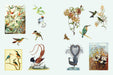 example page showing collection of vintage-style illustrations of birds and flowers on a light blue background