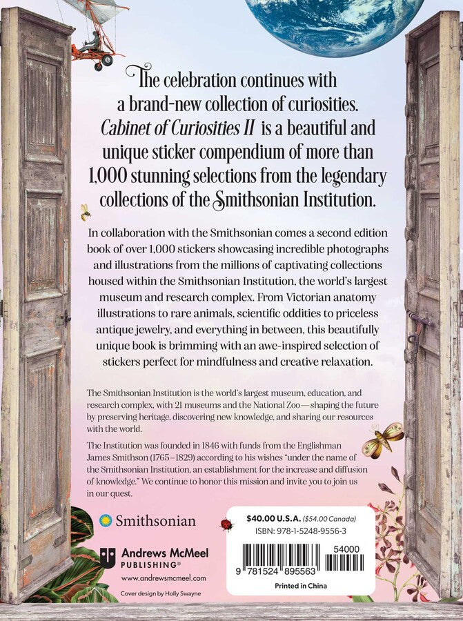 Back cover of book with text about a collection of curiosities from the Smithsonian Institution, featuring butterfly illustrations and a wooden door design.