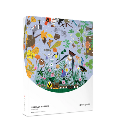 Charley Harper: Seasons 1000-Piece Circular Jigsaw Puzzle packaging image showing finished puzzle