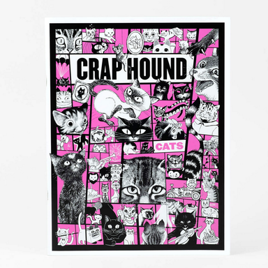 Book cover 'Crap Hound Cats' text and black and white cat illustrations on a pink background