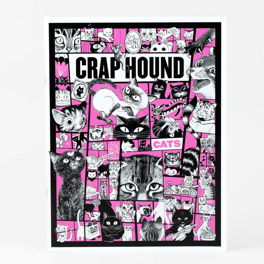 Book cover 'Crap Hound Cats' text and black and white cat illustrations on a pink background