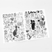 Two sheets of black and white cat-themed illustrations on a light gray background