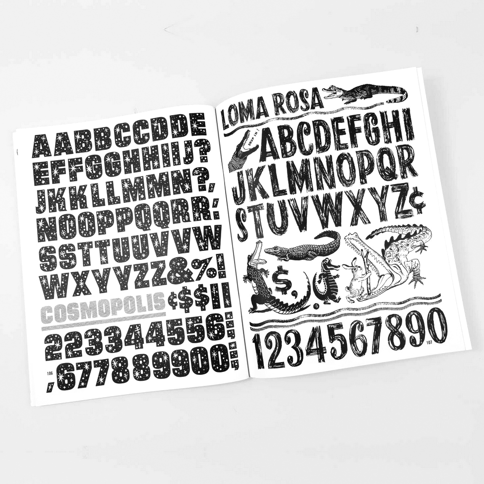 Two pages of black and white alphabet and number fonts with illustrations on a light gray background.