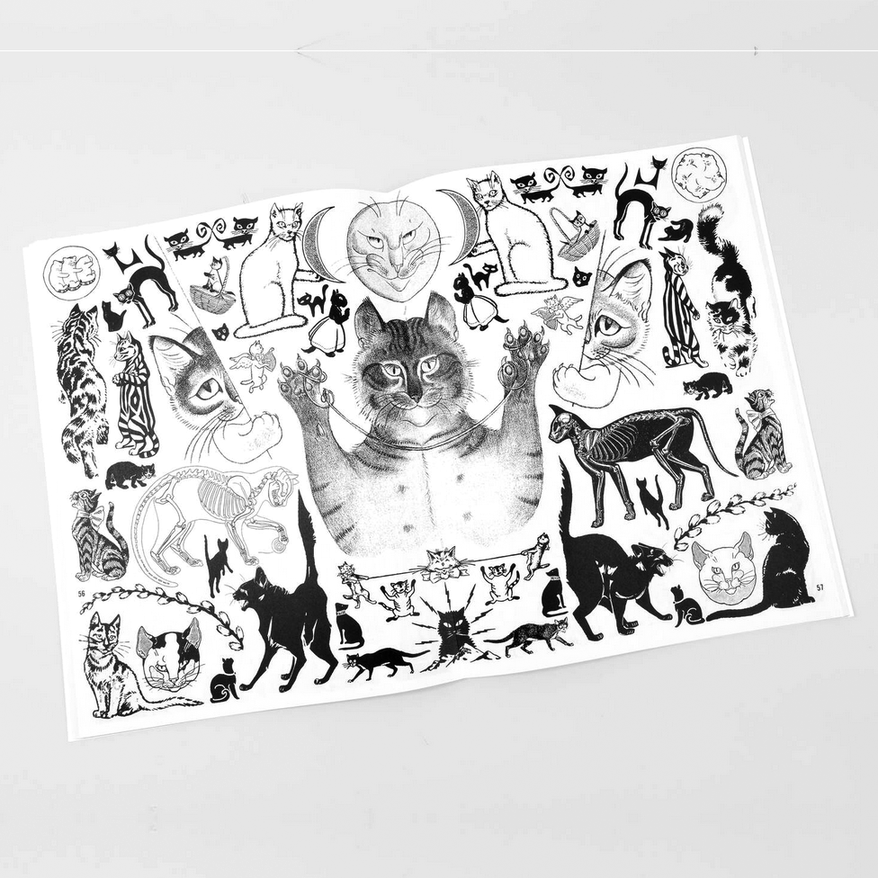 Open book of black and white cat-themed illustrations on a white background