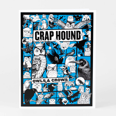 Book cover with illustrations of owls and crows and the text 'Crap Hound Owls & Crows' on a blue background.