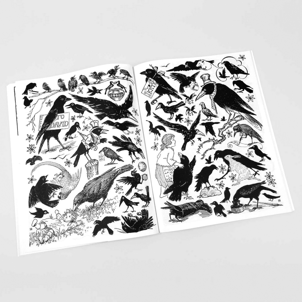 two pages of black and white illustrations of crows