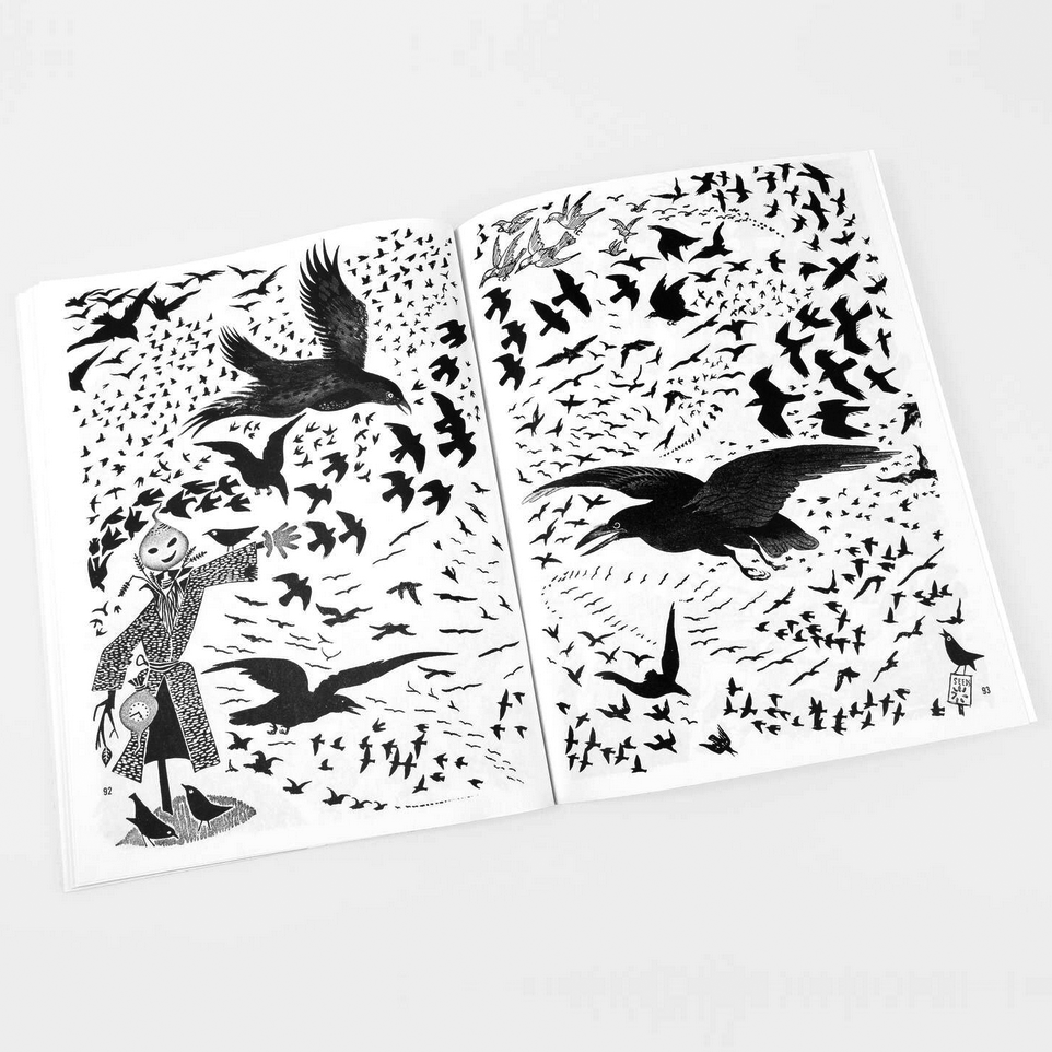 two pages of black and white illustrations of crows with a scarecrow