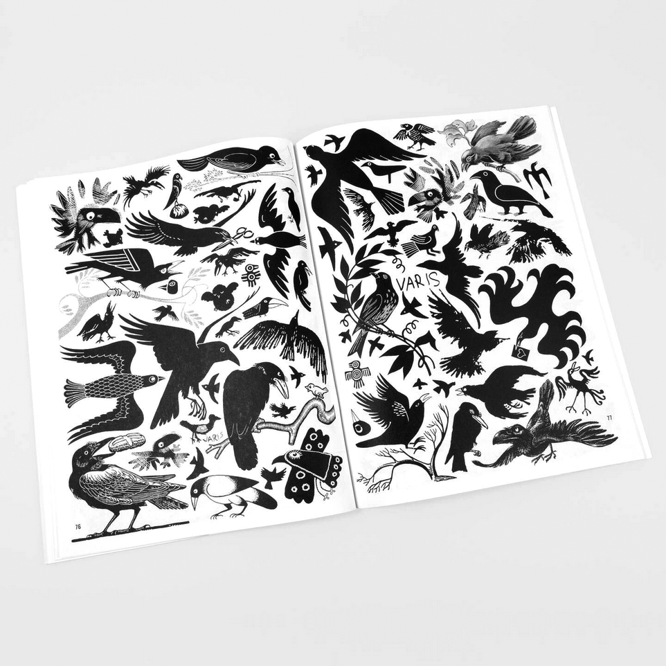 two pages of black and white illustrations of crows