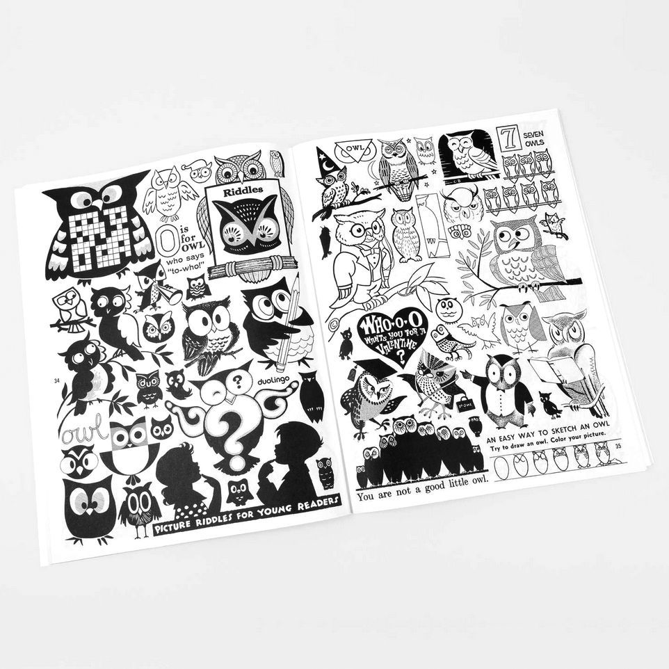 Open book of owl-themed black and white illustrations on a white background
