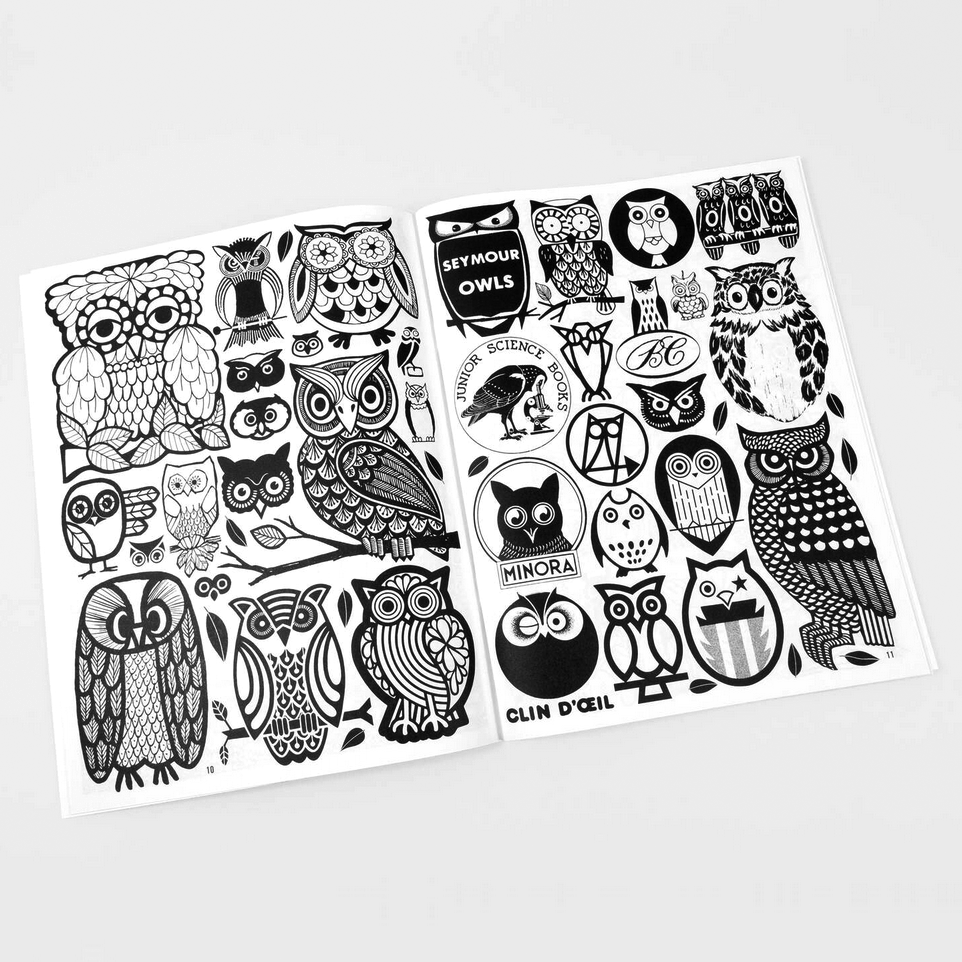 Open book of owl-themed black and white illustrations on a white background