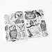 Open book of owl-themed black and white illustrations on a white background