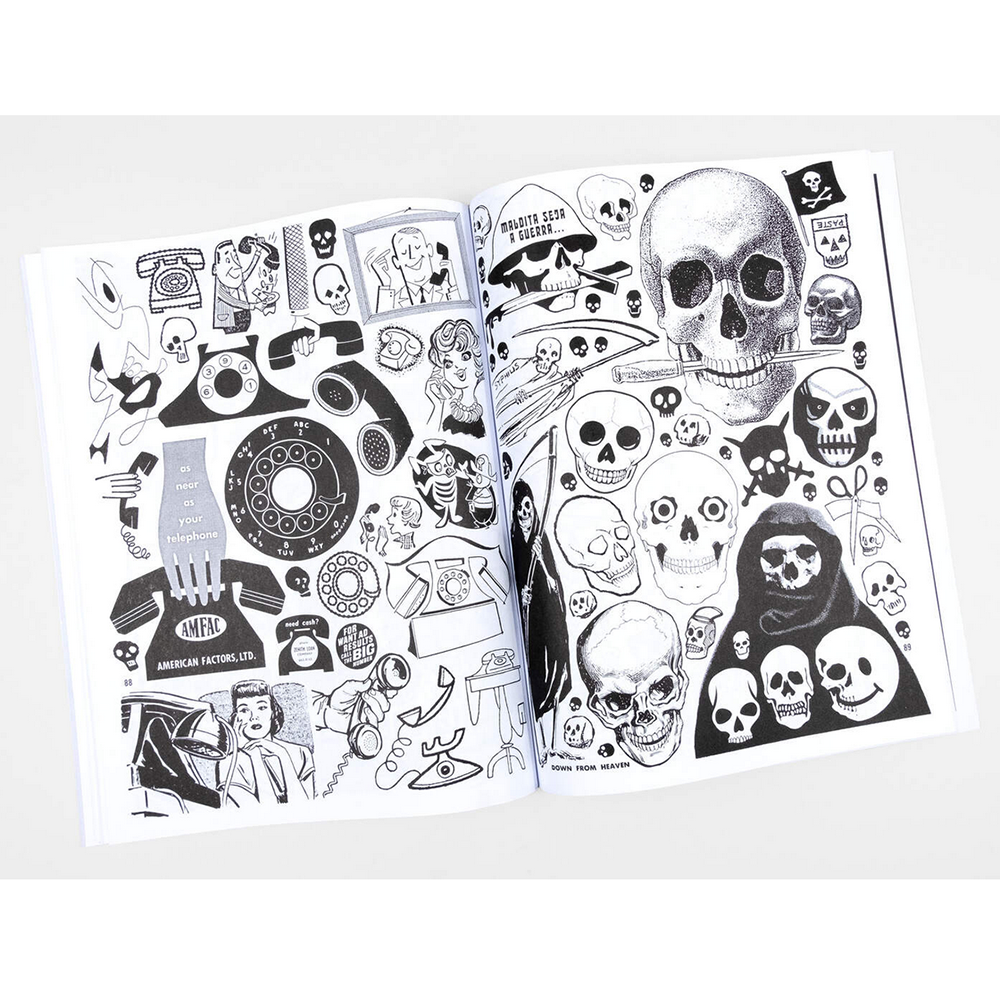 Crap Hound Magazine- Additions 2023 double page spread of phones and skulls