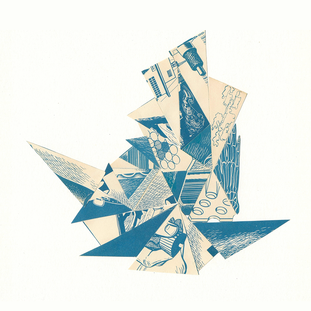 Geometric abstract collage with blue and beige patterns on a white background