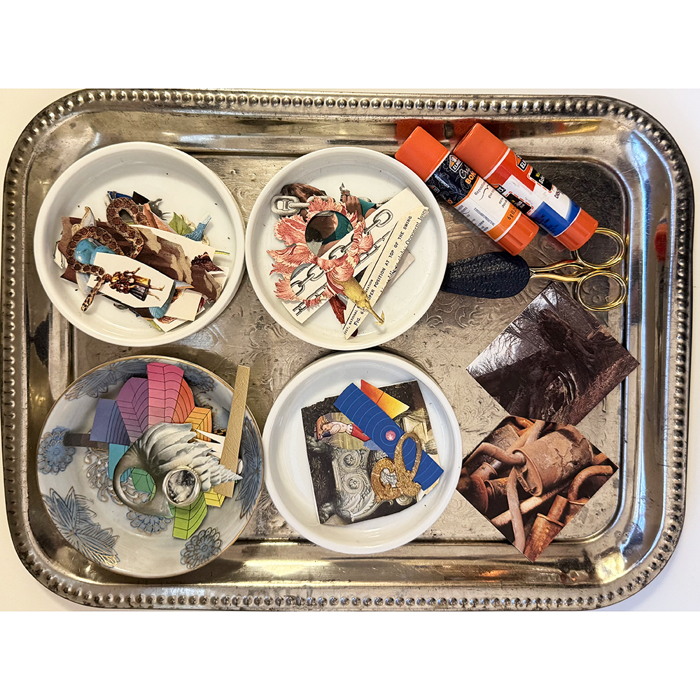 Metal tray with four decorative plates featuring various paper scraps and two glue sticks