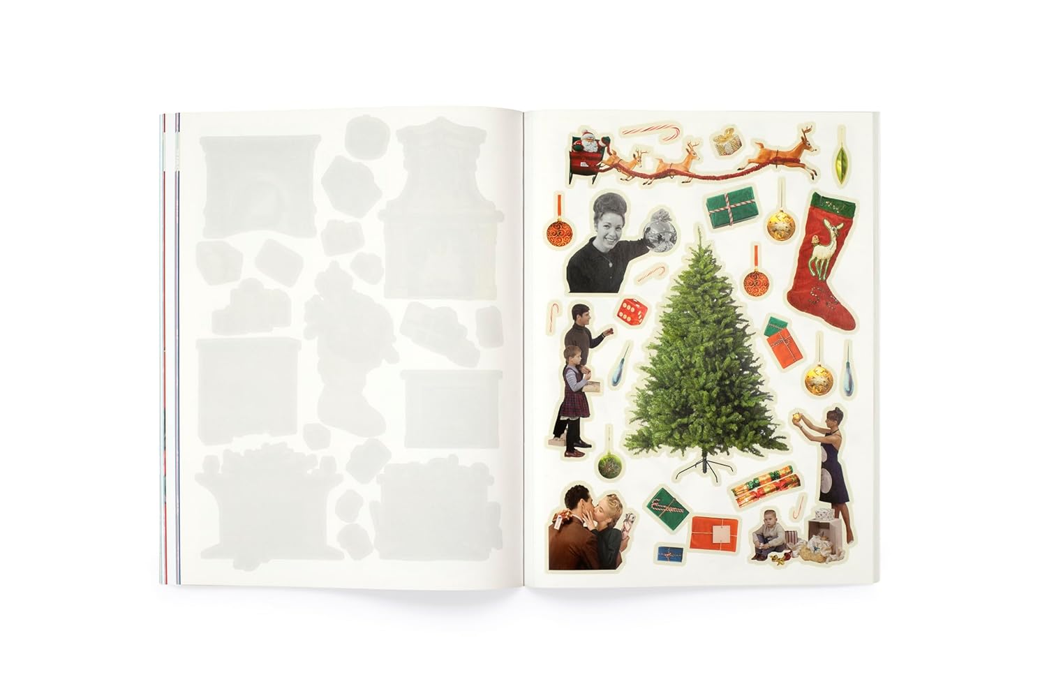 Open book with Christmas-themed stickers on a white background