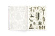 example pages- open book with black and white illustrations on a white background