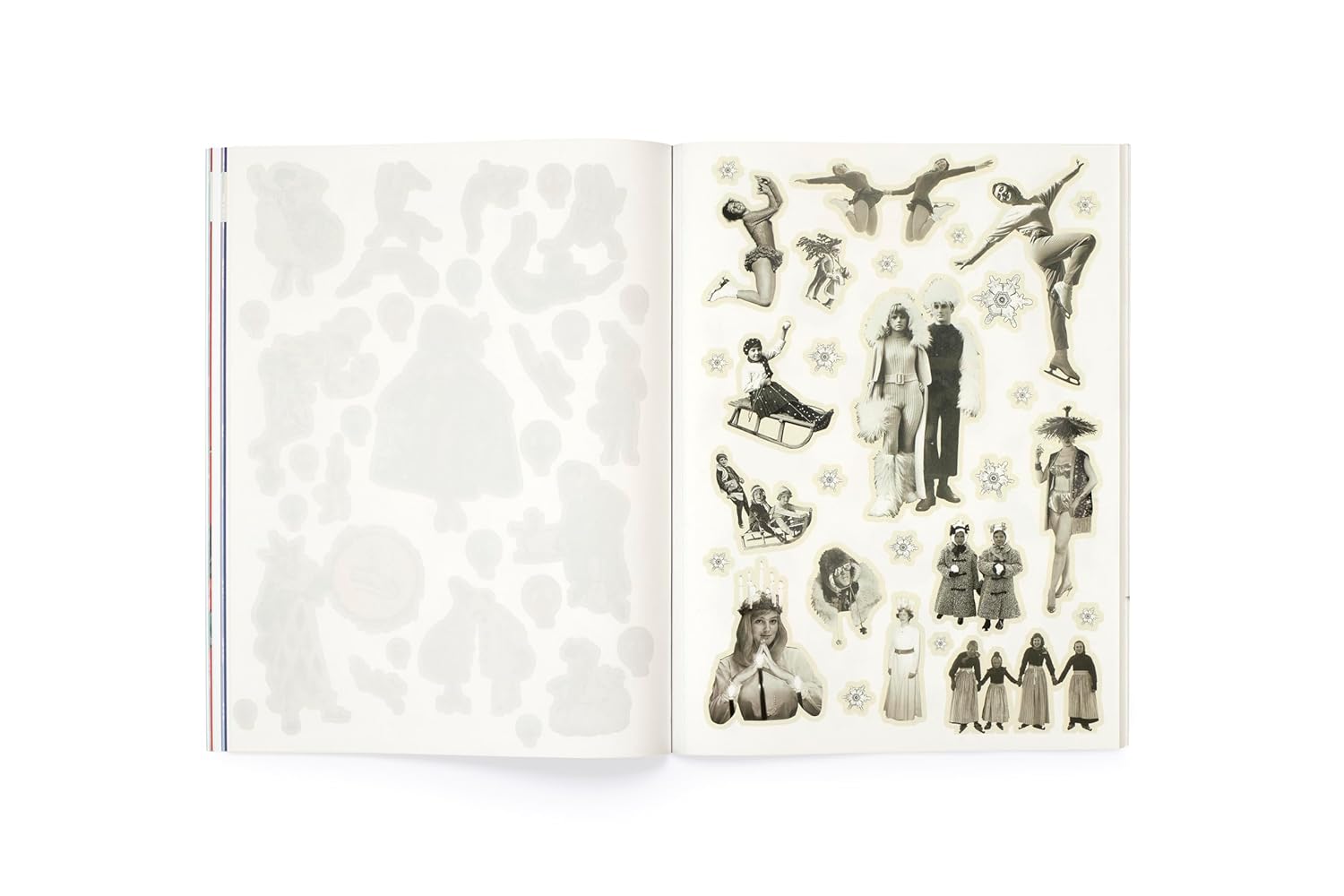 example pages- open book with black and white illustrations on a white background