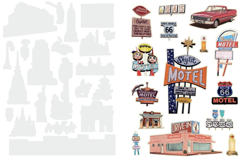 Cut up this Book and Create Your Own Extraordinary Places- page examples- a collection of vintage-style signs and buildings on a white background