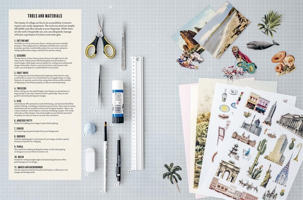 Supplies for creating a scrapbook or collage on a grid background