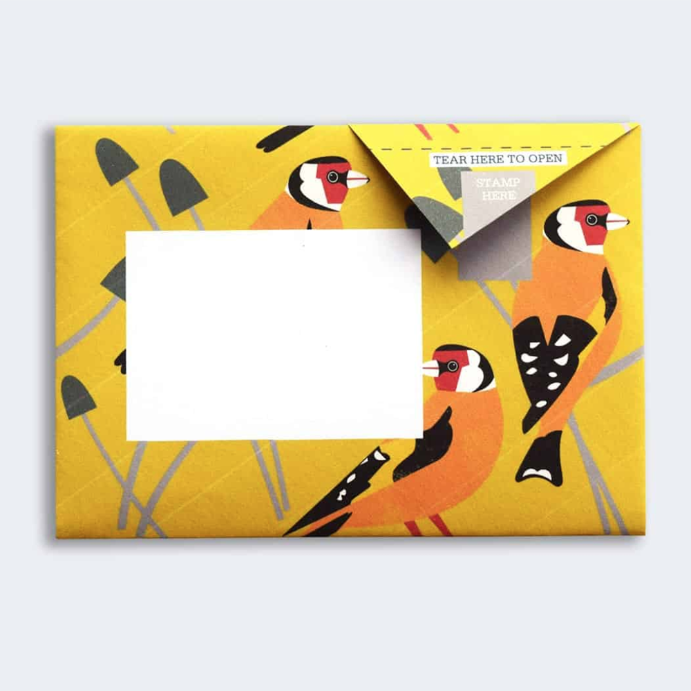 Pigeon Post- Dawn Chorus sample with orange birds on yellow background showing address area