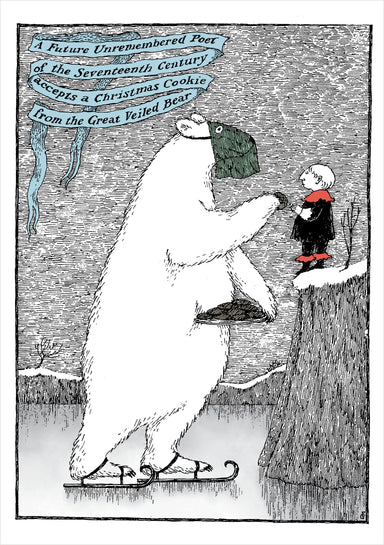 A black and white illustrated card showing a large polar bear wearing a green veil and handing a cookie to a small child-like figure on a snowy ledge, with blue banners containing text at the upper left.