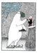A black and white illustrated card showing a large polar bear wearing a green veil and handing a cookie to a small child-like figure on a snowy ledge, with blue banners containing text at the upper left.