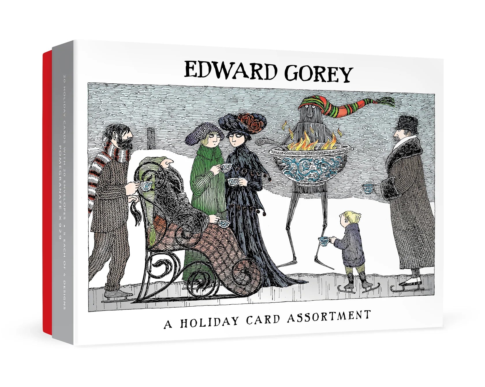 A boxed card assortment titled 'EDWARD GOREY' with an illustrated winter scene on the front. The package shows several people in winter clothing around a fire, with a red spine band visible on the left side.