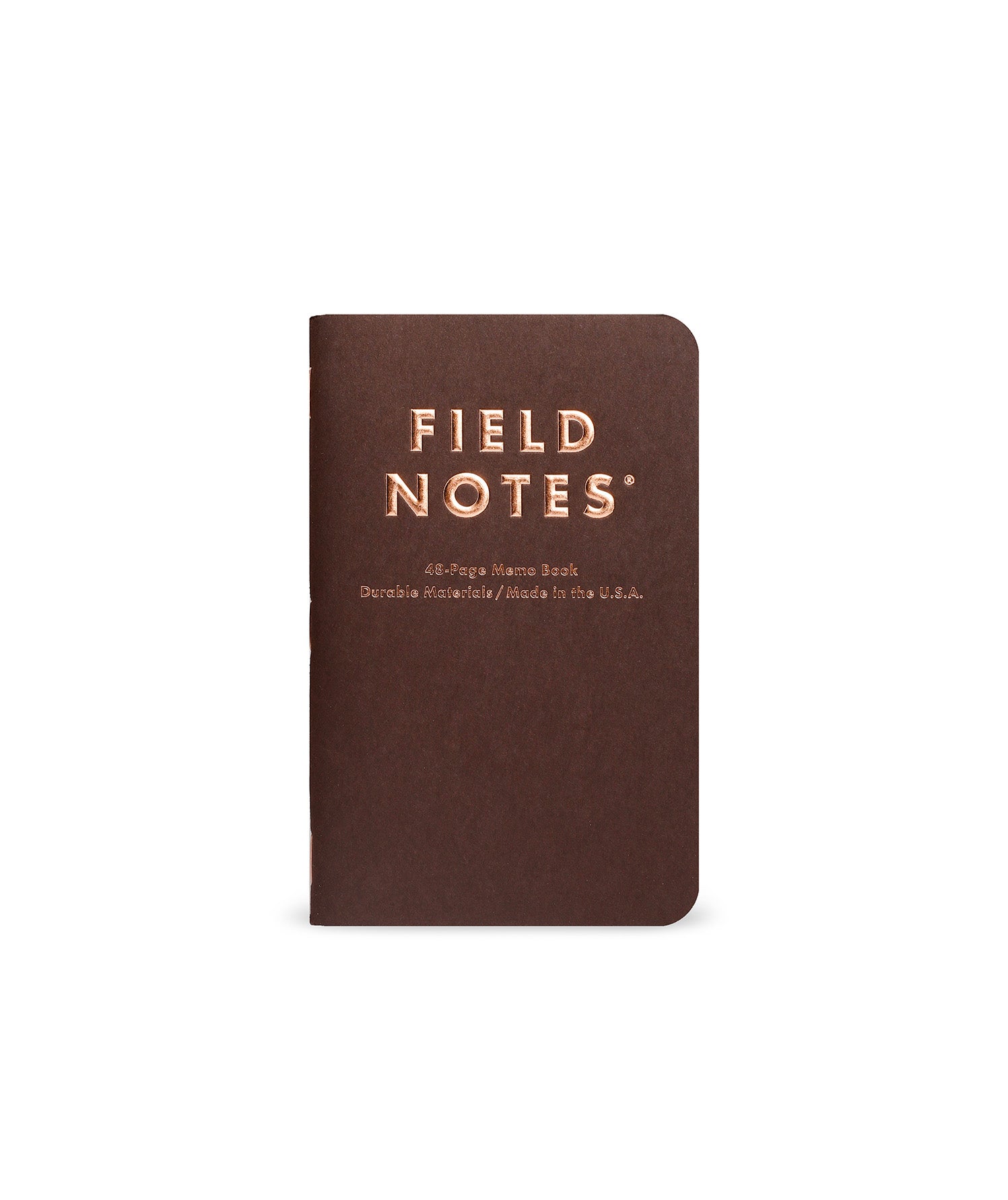 Brown notebook with 'Field Notes' branding on a white background