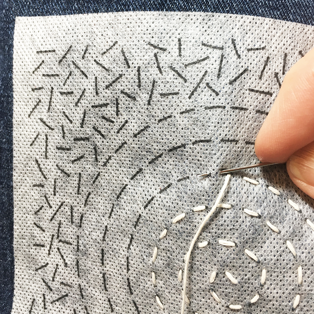 Sashiko Patch Class with pattern and hand stitching with white thread- work in progress