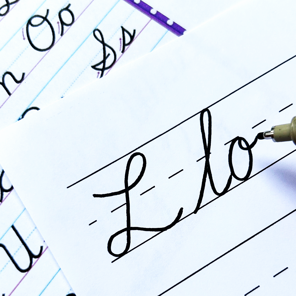 Handwriting practice sheet with letters and a pen