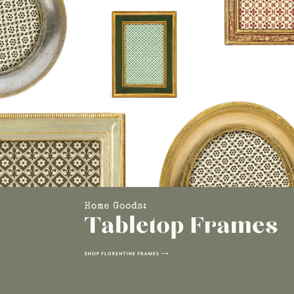 Italian Florentine Frames in gold, silver, blue, cream, and green. Shop All Tabletop Frames