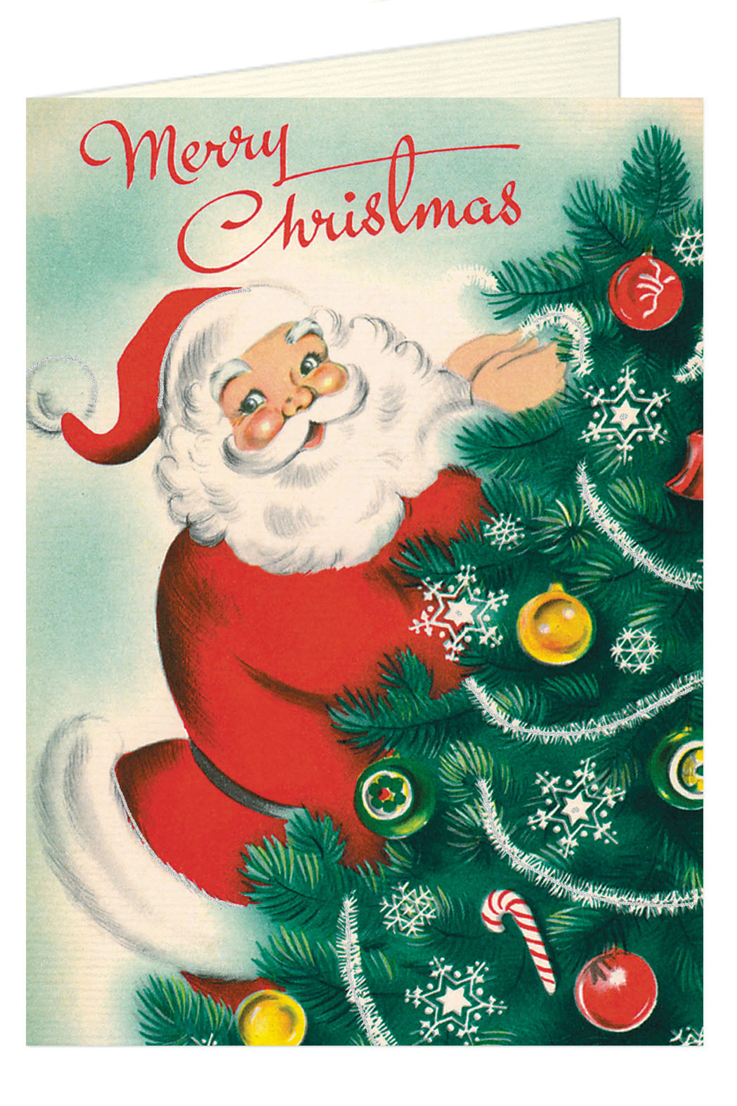Cavallini & Co. Santa and Tree Blank Single Holiday Card showing Santa decorating a Christmas tree