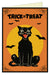 A Halloween greeting card featuring a black cat sitting in front of a large yellow moon on an orange background, with the words 'TRICK OR TREAT' at the top and bats flying around. 