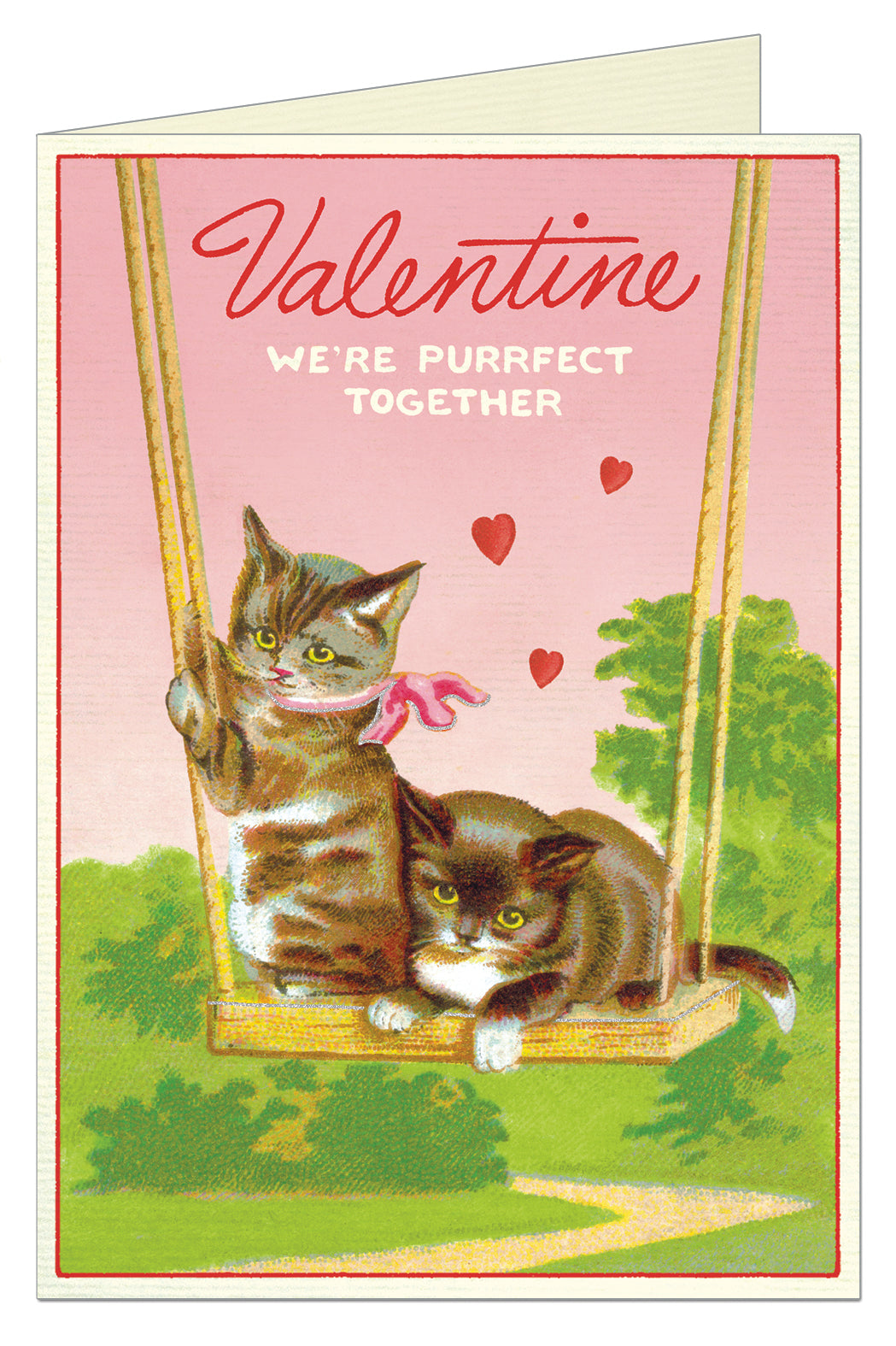 A Valentine's Day greeting card featuring two cats sitting on a swing with hearts and the text 'Valentine WE'RE PURRFECT TOGETHER'.