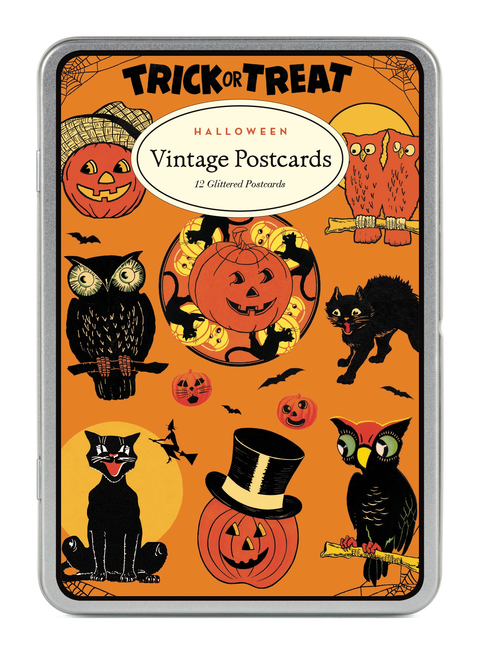 A pack of 12 glittery Halloween postcards in a clear plastic case, featuring a vibrant orange cover decorated with vintage-style illustrations of pumpkins, owls, a black cat, bats, and a top hat.