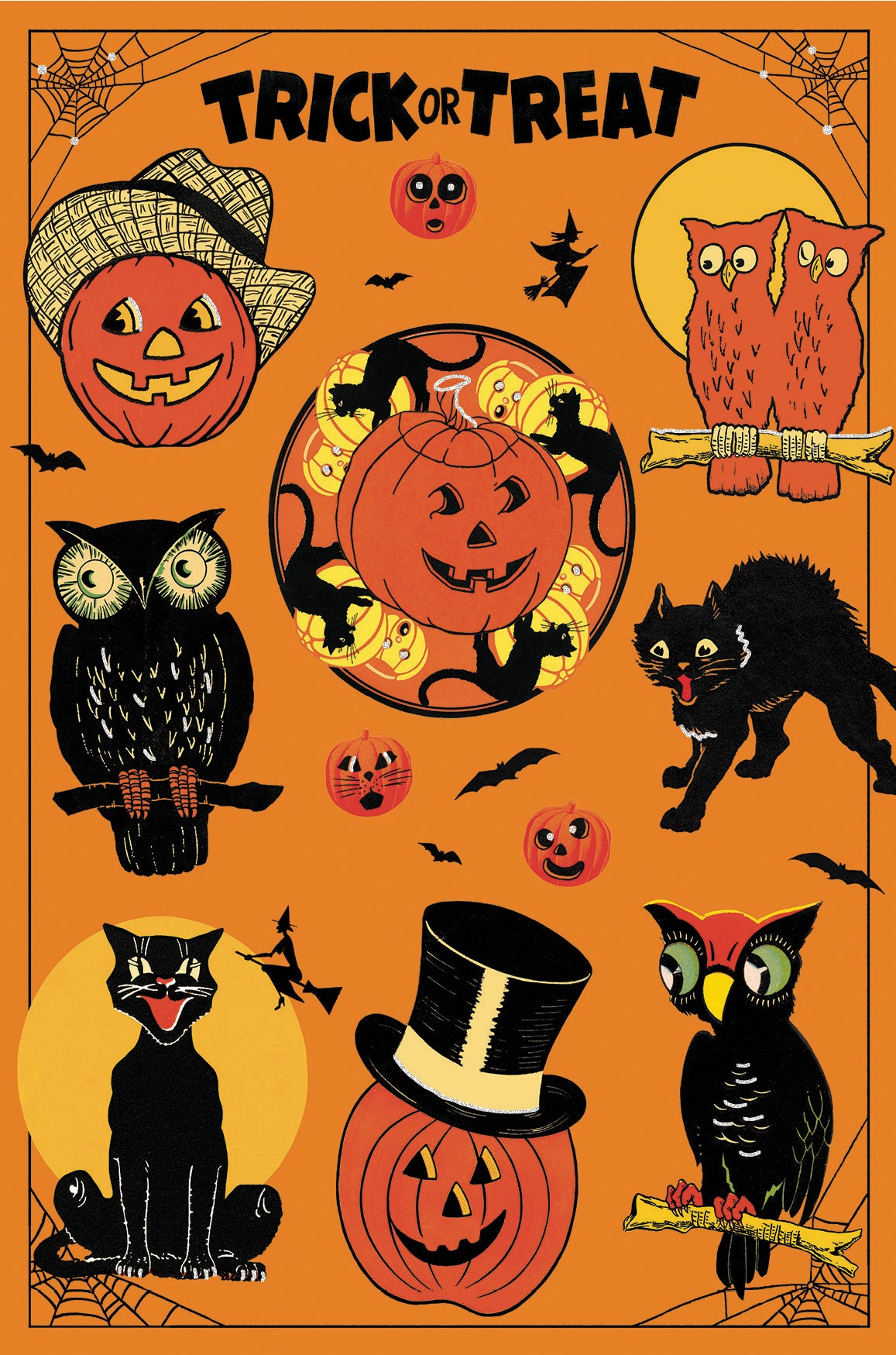 Cavallini & Co. Glitter Greeting Halloween Postcards- example with trick or treat text on orange background with cats, jack-o-lanterns, and owls.