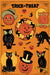 Cavallini & Co. Glitter Greeting Halloween Postcards- example with trick or treat text on orange background with cats, jack-o-lanterns, and owls.