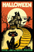 Vintage-style Halloween postcard with the word 'HALLOWEEN' at the top, a haunted house, a witch on a broomstick, a large black cat in the foreground, and a yellow full moon against an orange sky.