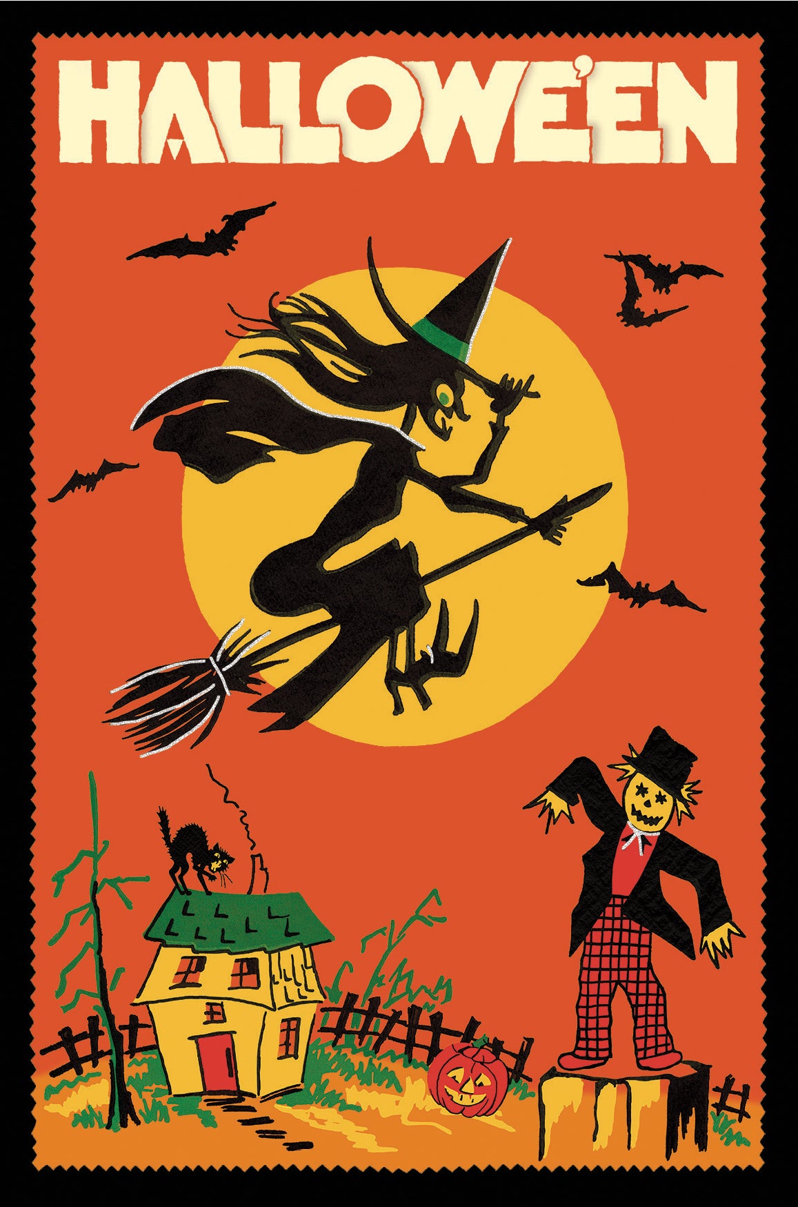 Vintage-style Halloween postcard with the word 'HALLOWEEN' at the top, a black witch silhouette flying on a broom against a large yellow moon on an orange background, bats, a haunted house, a pumpkin, and a scarecrow.