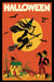 Vintage-style Halloween postcard with the word 'HALLOWEEN' at the top, a black witch silhouette flying on a broom against a large yellow moon on an orange background, bats, a haunted house, a pumpkin, and a scarecrow.