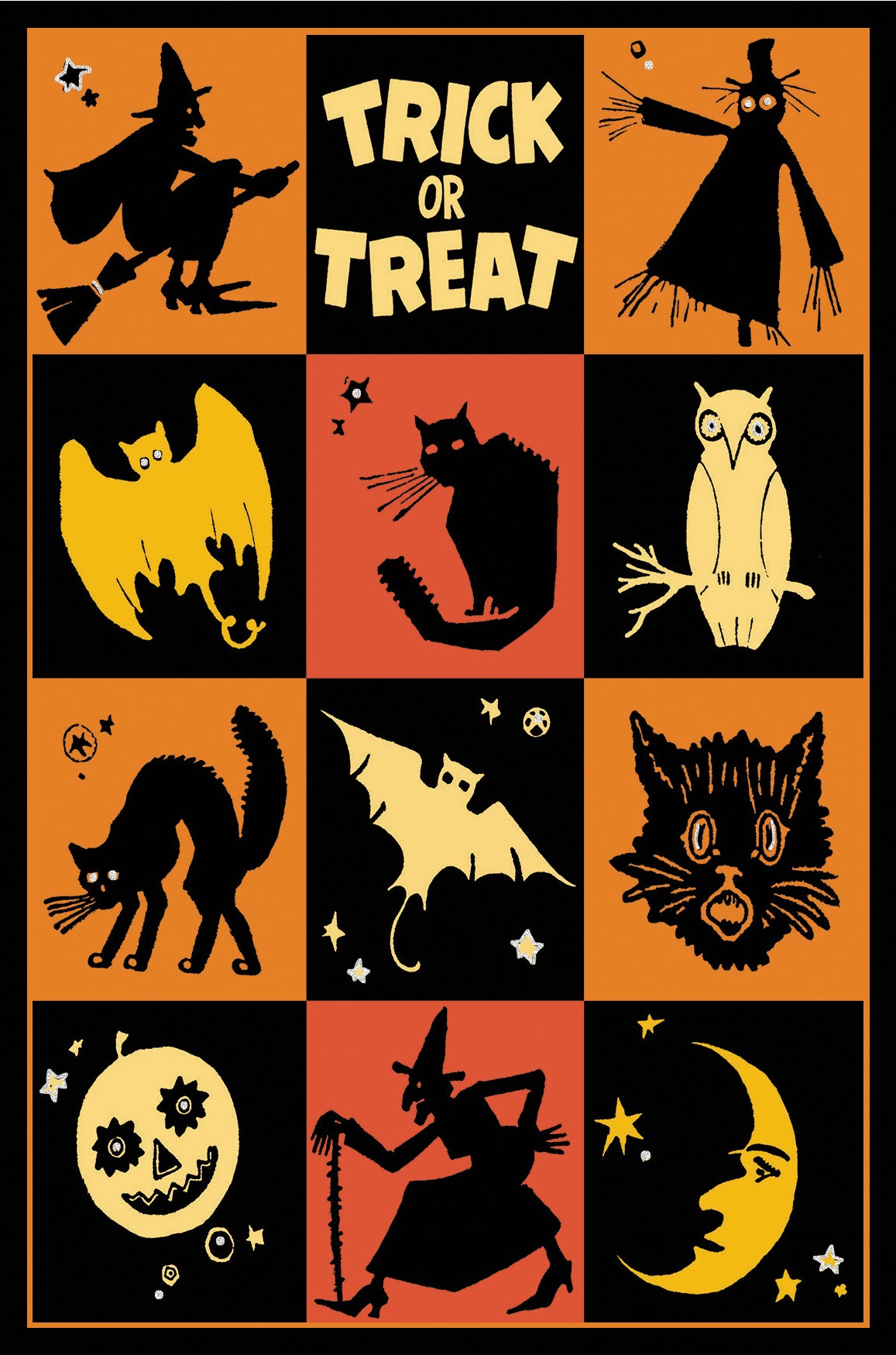 A Halloween-themed postcard featuring a grid of spooky illustrations. The design has alternating orange and black squares with black silhouettes of a witch on a broom, a scarecrow, a bat, an owl, a cat, a jack-o'-lantern, a witch, and a crescent moon, plus cream-colored text reading 'TRICK OR TREAT' in the top center.
