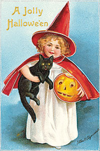 Vintage Halloween postcard featuring a young girl in a red witch hat and cape holding a black cat and a carved pumpkin, with the text 'A Jolly Halloween' on a blue background.