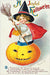 Vintage Halloween postcard featuring a young child in a witch hat and red cape standing on a carved jack-o'-lantern pumpkin, with decorative text at the top and bottom.