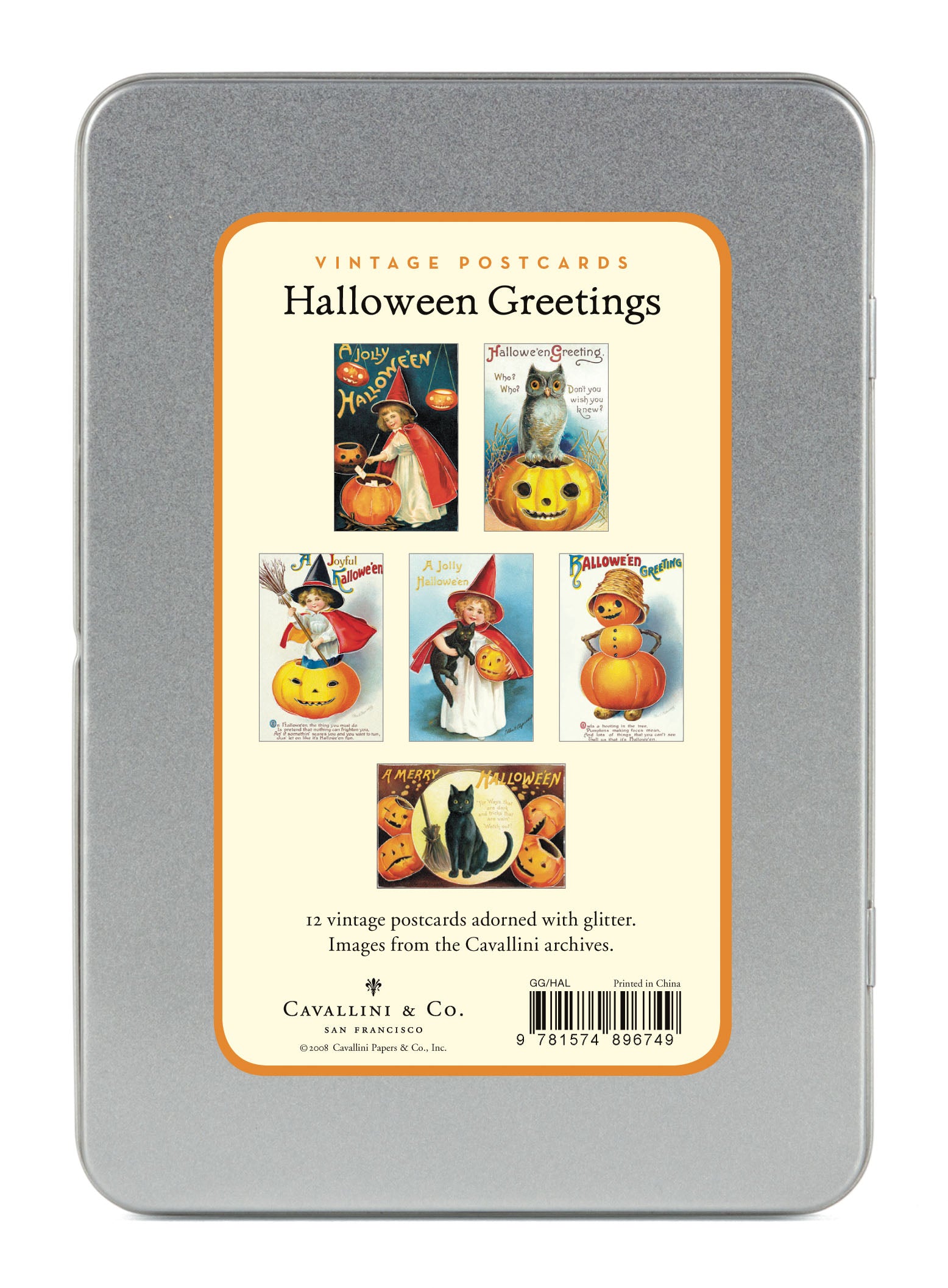 Halloween-themed vintage postcard set in a metal tin with decorative labels.
