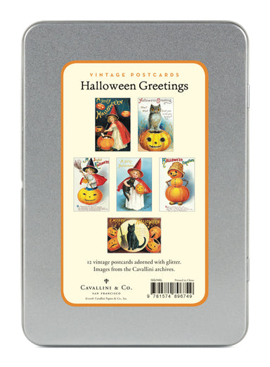 Halloween-themed vintage postcard set in a metal tin with decorative labels.