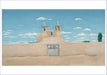 A stylized landscape artwork showing a beige adobe church with two bell towers and crosses under a bright blue sky with white clouds, set within a white border.