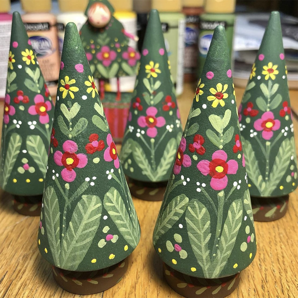 Painting Leaves & Vines on small wooden trees with flowers